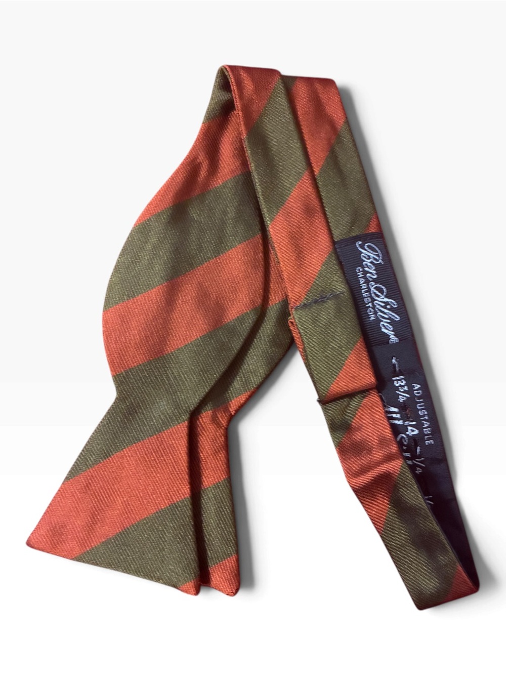 Ben Silver Charleston Silk Stripe Bow Tie Coral Terracotta Olive Green